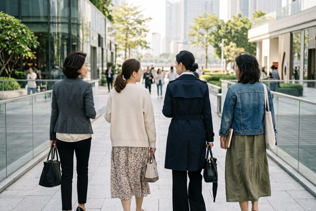 Chinese women with different modern styles walking together in an Asian city, seen from behind
