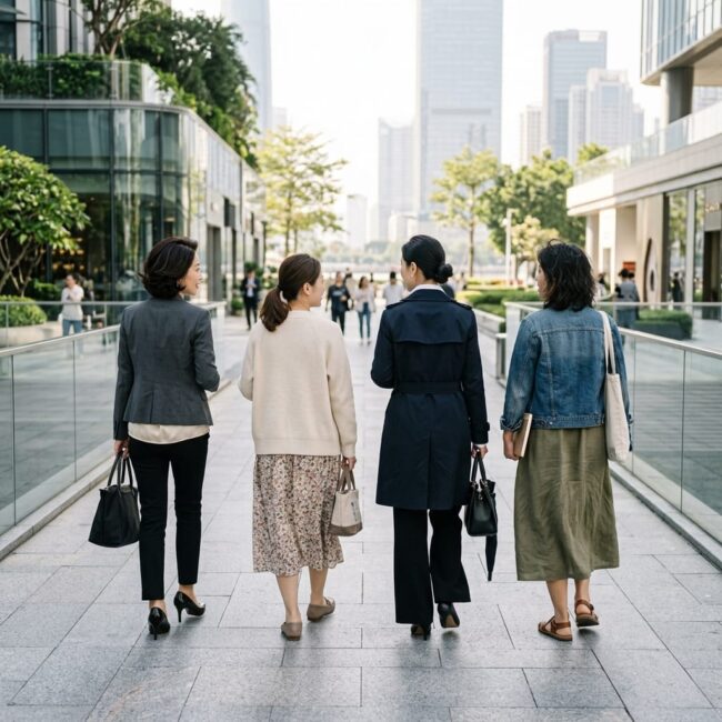 Chinese women with different modern styles walking together in an Asian city, seen from behind